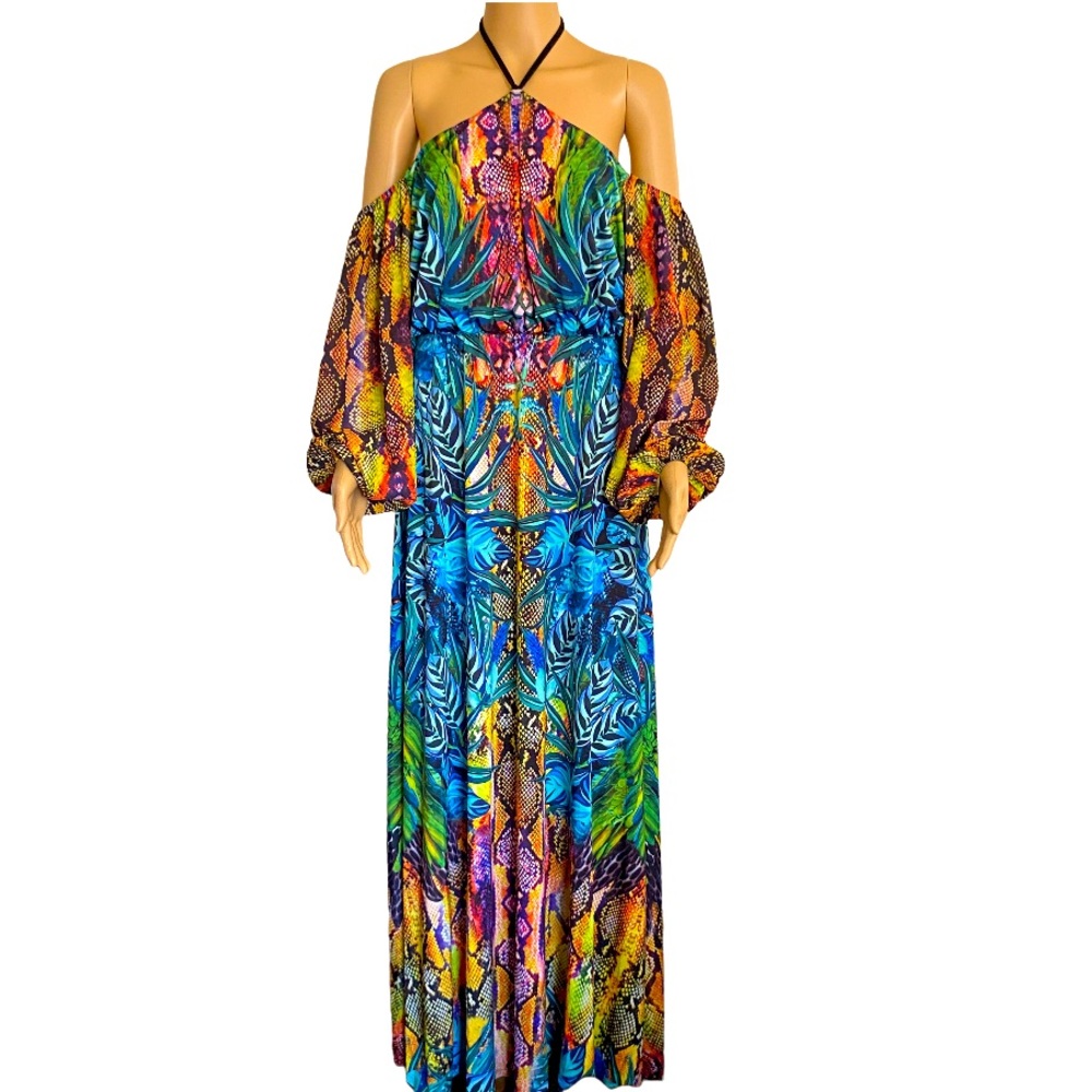 TROPICAL  Multicolor Animal Print Long Sleeves Maxi Dress NWOT Size L